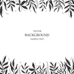 Floral vector template with leaves, plants for greeting card. Silhouette of abstract natural elements. Print for holiday post, background, cover, banner, invitation. Trendy design.