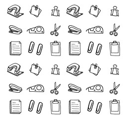 set of office stationery isolated on white background. clip, paperclip, memo, pile of paper, document, scissor. hand drawn vector. office clipart. doodle art for logo, label, sticker, poster, banner,