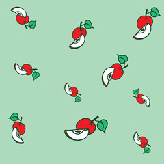 apple icon with green leaf on green background. repeat pattern. slice of apple. vector illustration. hand drawn vector. doodle for wallpaper, backdrop, fabric, textile, wrapping paper and gift. 