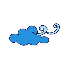 windy day, blue cloud blowing air vector illustration. weather icon on white background. hand drawn vector. cloudy, climate cartoon. doodle for kids, logo, label, poster, card, sticker, clipart. 