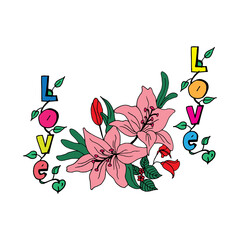 floral background with colorful hand drawn lettering-LOVE. branch and green leaf with beautiful flower on white background. hand drawn vector. doodle artistic for logo, sticker, clipart, poster. 