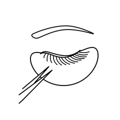 Eyelashes extension procedure thin line icon with tweezers and eye patch. Elements of beauty and cosmetics illustration. Eyebrows and lashes make up.