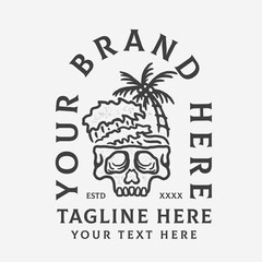 vintage line art illustration of skull waves beach