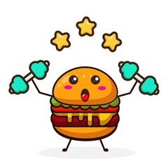 Burger with barbell cute character illustration