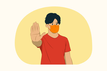 Young man wearing face mask do stop palm gesture concept