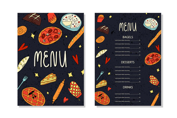 Doodle restaurant, cafe menu template. Various American, Belgian, Italian traditional bakery and pastry. Cartoon banner.