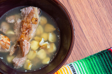 White pozole. Mexican pork and hominy corn stew