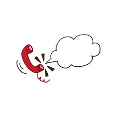 phone handle with cloud speech on white background. red phone icon. blank speech bubble. hand drawn vector. doodle art for logo, label, poster, banner, advertising, clipart, sticker. retro phone icon