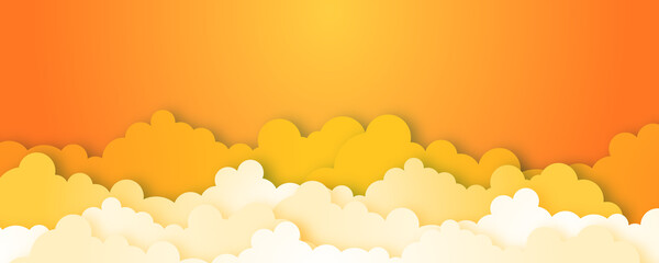  3d abstract paper cut illustration of pastel orange sky, sun and clouds. Vector colorful template.
