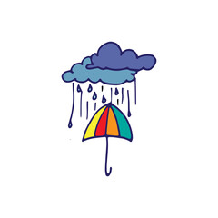 rainy day with colorful umbrella on white background. blue outline, hand drawn vector. abstract background. doodle art for kids, wallpaper, sticker, clipart, poster, banner, advertising.