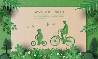 Dad and son enjoy riding bikes in green city, save the planet and energy concept, paper illustration, and 3d paper.