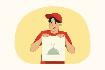 Smile delivery young man hold craft paper packet with food concept