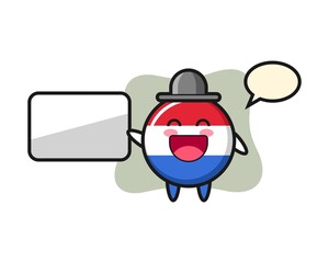 Netherlands flag badge cartoon character throwing paper airplane