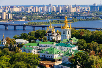View of Kiev Pechersk Lavra (Kiev Monastery of the Caves) and the Dnieper river in Ukraine. View from Great Lavra Bell Tower