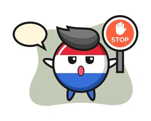 Netherlands flag badge character illustration holding a stop sign