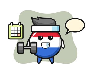 Netherlands flag badge mascot cartoon doing fitness with dumbbell