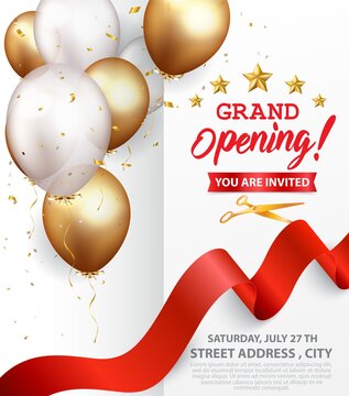 Grand Opening Card Design With Gold Ribbon And Confetti