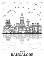 Fototapeta premium Outline Bangalore India City Skyline with Historic Buildings and Reflections Isolated on White.