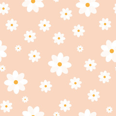 Seamless floral pattern. White chamomile or daisies on a yellow background. Endless patterns for textiles and fabrics, wrapping paper, packaging. Vector image. Flat style