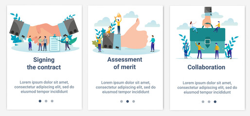 Modern flat illustrations in the form of a slider for web design. A set of UI and UX interfaces for the user interface.Topic: Signing a contract,cooperation and joint success.