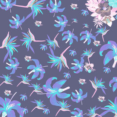 Coral Pattern Botanical. Purple Tropical Background. Cobalt Floral Vintage. Blue Flora Background. Violet Decoration Palm. Navy Wallpaper Hibiscus. Indigo Spring Leaf.