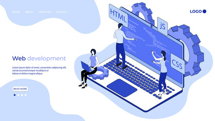 People are engaged in web development.The concept of application development and Internet sites.Teamwork and modern technologies.3D image.Isometric vector illustration.The landing page template.