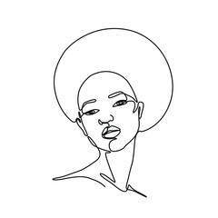 Beautiful African American Woman Silhouette, continuous line drawing, small tattoo, print for clothes, t-shirt, emblem or logo design, isolated vector illustration.