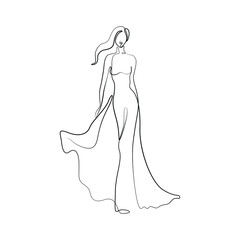 Woman abstract silhouette, fashion girl in long dress, continuous line drawing, small tattoo, print for clothes and logo design, emblem or logo design, isolated vector illustration