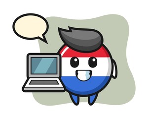 Mascot illustration of netherlands flag badge with a laptop