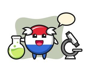 Mascot character of netherlands flag badge as a scientist