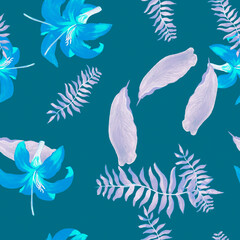Cobalt Tropical Leaves. Purple Seamless Painting. Indigo Pattern Hibiscus. Violet Floral Design. Lavender Flower Vintage. Blue Decoration Art. Drawing Botanical.