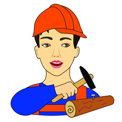 male worker in orange hard hat and overalls hammers a nail into a log, color simple emoticon on white isolated background