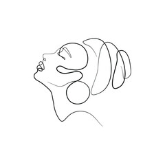 Girl in traditional ethnic headwear turban continuous line drawing, tattoo, print for clothes and logo design, t-shirt, African female silhouette single line on a white background, isolated vector.
