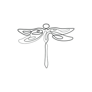 Dragonfly abstract silhouette, continuous line drawing, small tattoo, print for clothes and logo design, emblem or logo design, isolated vector illustration.