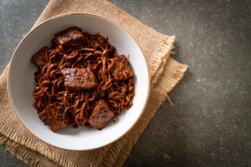 Jjapaguri or Chapaguri, Korean Black Beans Spicy Noodles with Beef