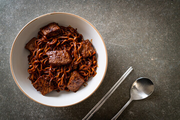 Jjapaguri or Chapaguri, Korean Black Beans Spicy Noodles with Beef