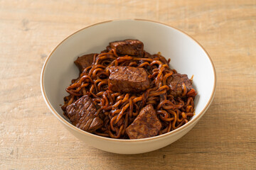 Jjapaguri or Chapaguri, Korean Black Beans Spicy Noodles with Beef