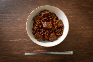 Jjapaguri or Chapaguri, Korean Black Beans Spicy Noodles with Beef