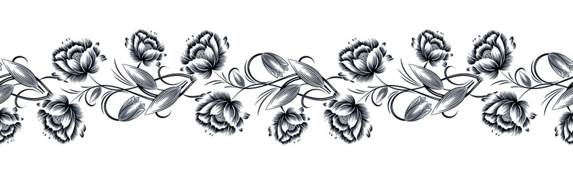 Vector black and white textile floral border