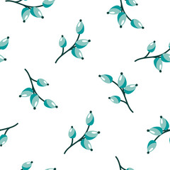 Fototapeta premium Floral Seamless pattern texture with wild rose blue berries. White background.