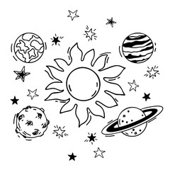 Space, Sun, Planets, Stars. Vector set of elements on an isolated white background. Contour Doodle drawings for space decor, print, stickers, printing on clothes.          
