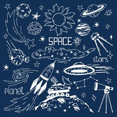 Vector hand-drawn doodle space elements.