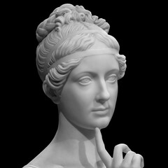 Ancient white marble sculpture head of young woman. Statue of sensual renaissance art era woman antique style. Face isolated on black background