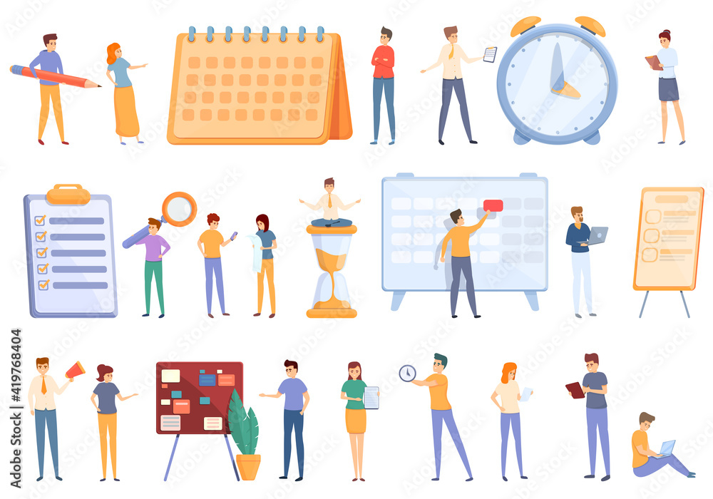 Poster task schedule icons set. cartoon set of task schedule vector icons for web design