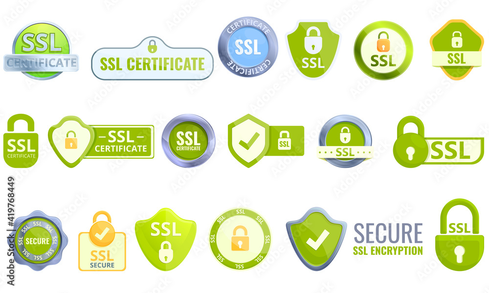 Poster ssl certificate icons set. cartoon set of ssl certificate vector icons for web design