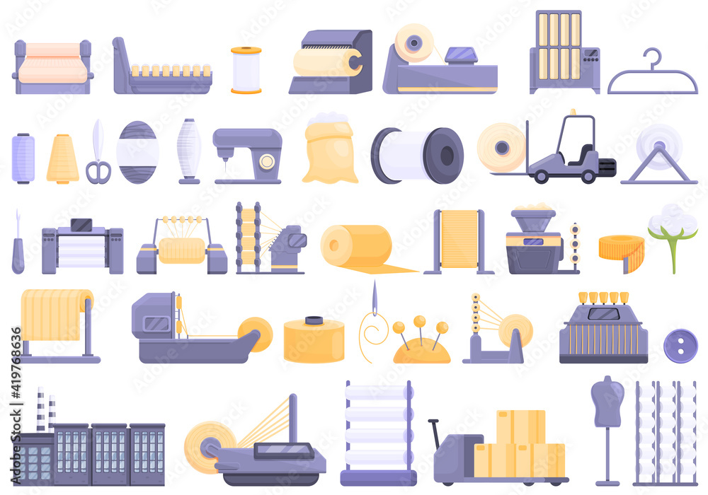 Aufkleber thread production icons set. cartoon set of thread production vector icons for web design