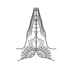 Mudra Namaste. Ornate hands folded in a welcome gesture. Mehendi - henna ornament on body. Vector illustration