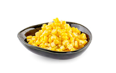 Bowl with corn kernels on white background