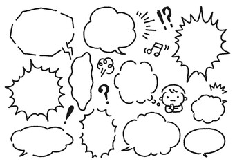 シンプルなモノクロ線画の吹き出しイラストセット／Simple monochrome line drawing balloon