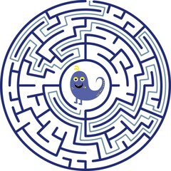 Circular maze with way from center to exit on turquoise blue background. Problem, confusion and solution concept. Flat design